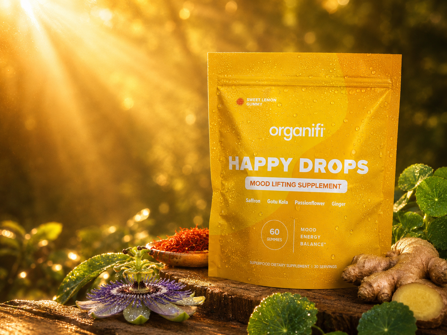 Happy Drops mood lifting supplement in a sunlit botanical scene